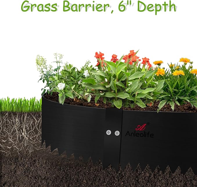 A ANLEOLIFE 12 Pack 40" LX 6"H Galvanized Steel Garden Landscape Edging for Straight & Mild Curved Lines, Hammer-in Metal Lawn Border with Gloves and 10 Stakes (40FT Total) (6 inch tall, 12pcs, Black)