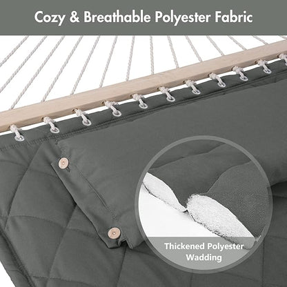 ANOW 2 Person Hammock with Spreader Bars and Detachable Pillow, Quilted Hammock for Outdoors Indoors, 450 LBS Weight Capacity, Gray