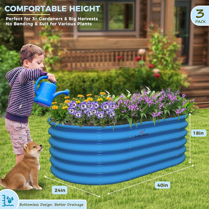 A ANLEOLIFE Kids Raised Garden Beds Outdoor (3-Pack)-40x24x18in Oval Round Galvanized Metal Planter Box for Planting Vegetables, Flowers, Fruits, Eco-Safe & Easy Setup, Sky Blue