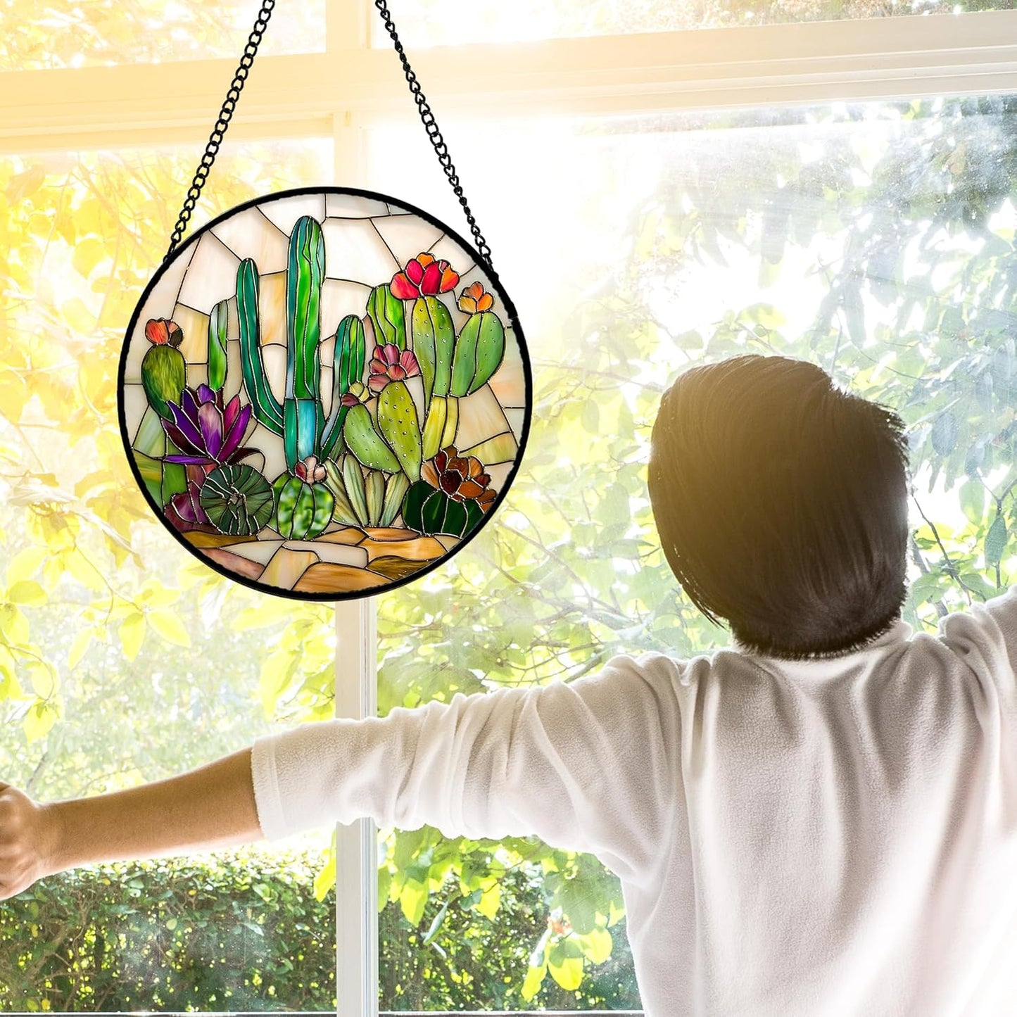 Stained Glass Window Hanging, White Green Cactus Suncatcher Diamond Glass Panel Hangings Sun Catchers Decor for Birthday for Women, Men, Wife, Aunt, and Mom 7.8 in