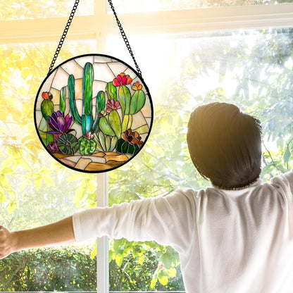 Stained Glass Window Hanging, White Green Cactus Suncatcher Diamond Glass Panel Hangings Sun Catchers Decor for Birthday for Women, Men, Wife, Aunt, and Mom 6.3 in