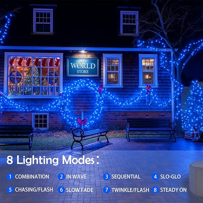 4 Pack 180FT Solar Christmas Lights Outdoor Waterproof, Super Bright 320 LED Solar String Lights with 8 Lighting Modes, Green Wire Twinkle Tree Light for Outside Xmas Party Decorations (Blue)