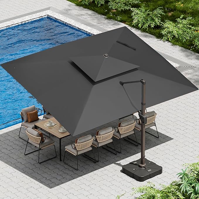 10 X 13 FT Cantilever Patio Umbrella Outdoor Heavy Duty Double Top Windproof Rectangle Offset Umbrellas with 360-degree Rotation for Pool Deck Backyard, Grey