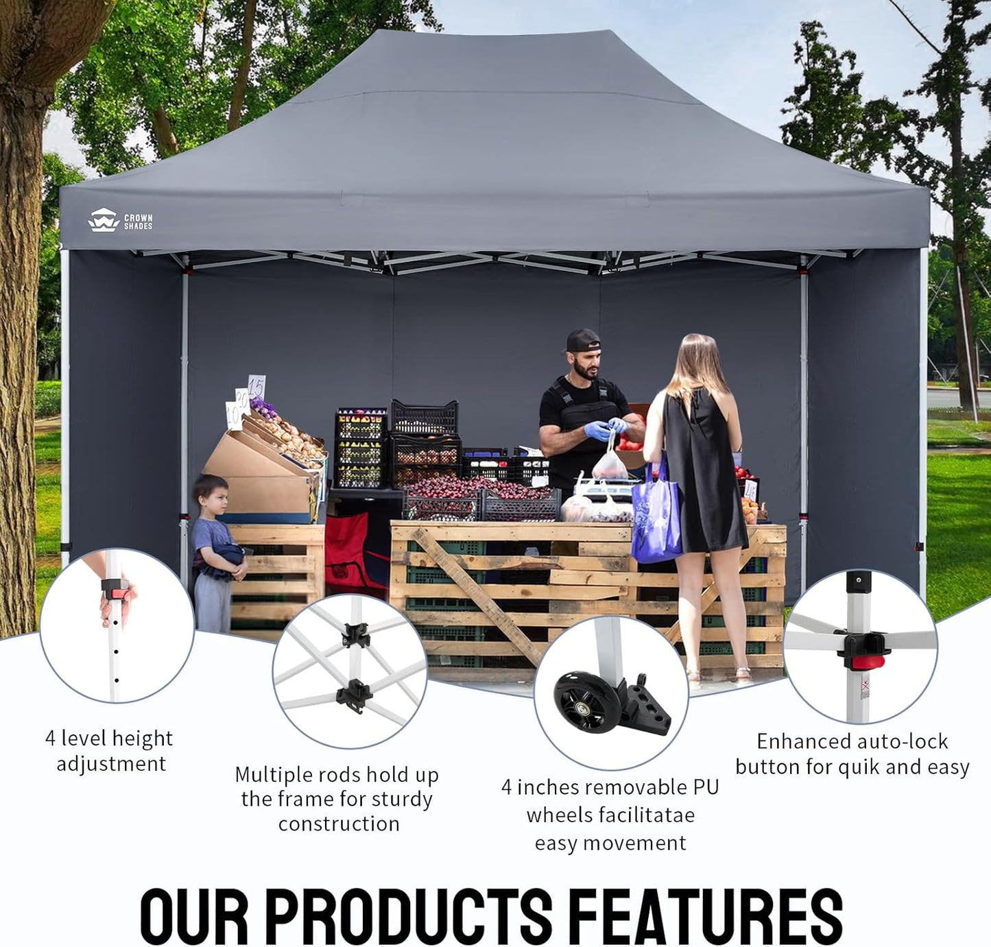 CROWN SHADES 10x15 Pop Up Canopy Tent, Thicken Frame Commercial Heavy Duty Tent with 4 Sidewalls 8 Stakes & 4 Sandbags & 4 Ropes, Outdoor Canopies for Events, Parties,Grey