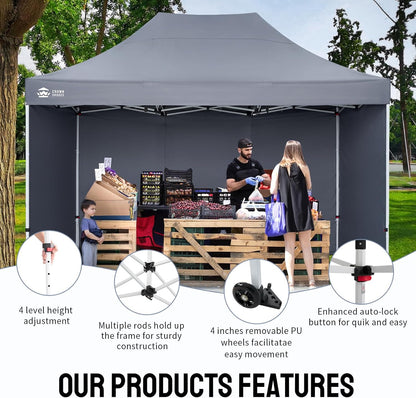 CROWN SHADES 10x15 Pop Up Canopy Tent, Thicken Frame Commercial Heavy Duty Tent with 4 Sidewalls 8 Stakes & 4 Sandbags & 4 Ropes, Outdoor Canopies for Events, Parties,Grey