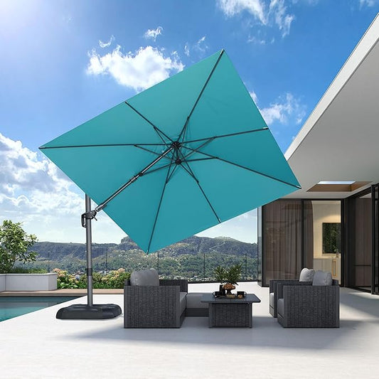 PURPLE LEAF 10' X 10' Left-right Tilting Patio Umbrella Outdoor Cantilever Swivel Square Umbrella Aluminum Offset Umbrella with 360-degree Rotation for Garden Deck Pool Patio Turquoise Blue