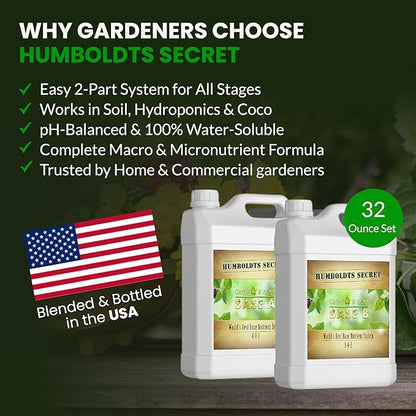 Humboldts Secret Base A & B Liquid Hydroponic Fertilizer | Complete Hydroponic Nutrients for Indoor and Outdoor Plants | Supports Healthy Vegetative Growth and Flowering Stage | 32 Ounce Set