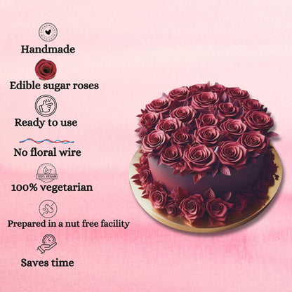 Confect Edible Flower | Edible Flower for cake decorations | Edible Flower Cupcake Toppers | Cupcakes & Doughnut Edible Toppers | Rich Deep Burgundy Sugar Flower- Pack of 12