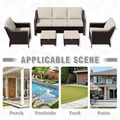 5 Piece Wicker Patio Conversation Set, All-Weather Use Outdoor 2 PE Rattan Chair, 2 Ottoman, 1 Patio Sofa, Removable Water-Resistant Cushion, Ideal for Porch, Backyard, Balcony, Poolside, Beige