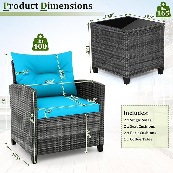 RELAX4LIFE 3 Piece Patio Furniture Set, Wicker Bistro Conversation Set w/2 Cushioned Armchairs & Glass Topped Table, Outdoor Rattan Sofa Set Patio Furniture for Porch Balcony Poolside (Grey-Turquoise)