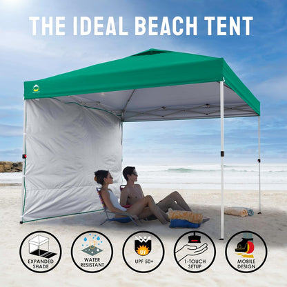 CROWN SHADES 10x10 Pop Up Canopy with 1 Side Wall - Beach Tent with One Push Setup - Outdoor Sun Shade for Events, Parties, Camping - Gazebo with STO-N-Go Cover Bag (Forest Green)