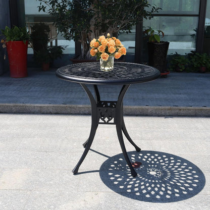 30 inches Patio Table with Umbrella Hole, Round Outdoor Table, Cast Aluminum Bistro Table, Metal Side Table for Porch Backyard, Black