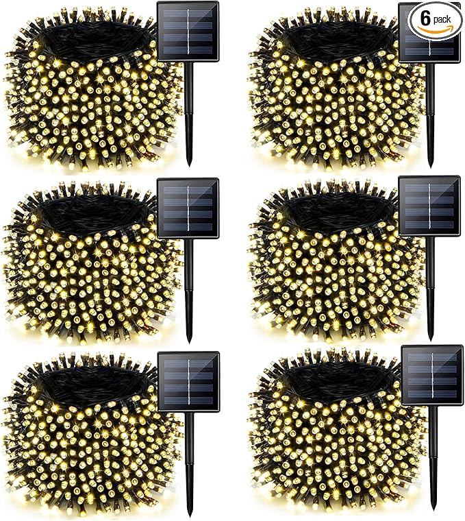 6 Pack Solar Chrismas Lights Outdoor, 285 FT Total 720 LED Solar String Lights for Outside with 8 Modes & Memory Function, Waterproof Twinkle Light for Xmas Tree Yard Party Decorations (Warm White)