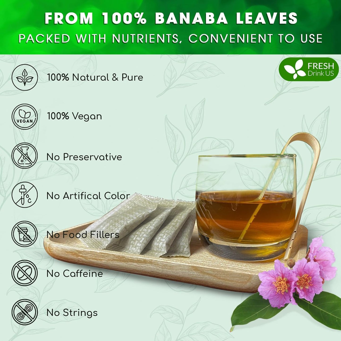 FreshDrinkUS, Premium 40 Banaba Tea Bags, 100% Natural & Pure from Banaba Leaves. Loose Leaf Banaba Herbal Tea. No Sugar, No Caffeine, No Gluten, Vegan.