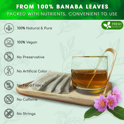 FreshDrinkUS, Premium 40 Banaba Tea Bags, 100% Natural & Pure from Banaba Leaves. Loose Leaf Banaba Herbal Tea. No Sugar, No Caffeine, No Gluten, Vegan.