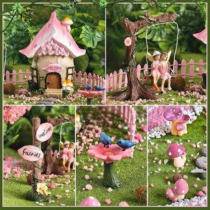 DONABELA Fairy Garden Decor Kit Pink Resin Miniature House Figurines Set Swing Directional Sign Bird Drinking Pool Fence Little Mushroom Outdoor Tiny Accessories Supplies