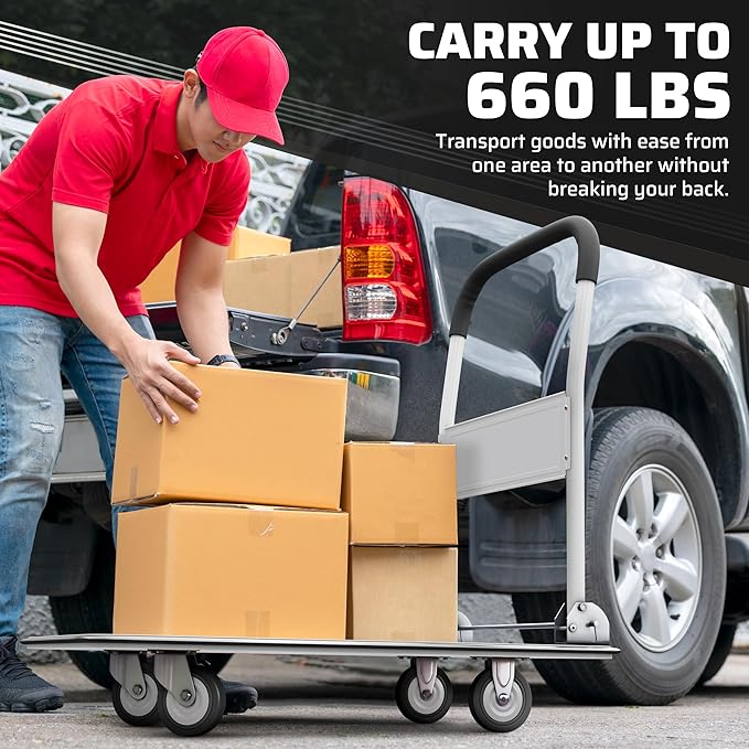 Upgraded Foldable Push Cart Dolly | 330 lbs. Capacity Moving Platform Hand Truck | Heavy Duty Space Saving Collapsible | Swivel Push Handle Flat Bed Wagon (White, 660 lbs. Capacity)