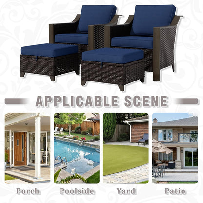 4 Piece Wicker Patio Conversation Set, All-Weather Use Outdoor 2 PE Rattan Chair, 2 Ottoman, Removable Water-Resistant Cushion, Ideal for Porch, Backyard, Balcony, Poolside, Blue