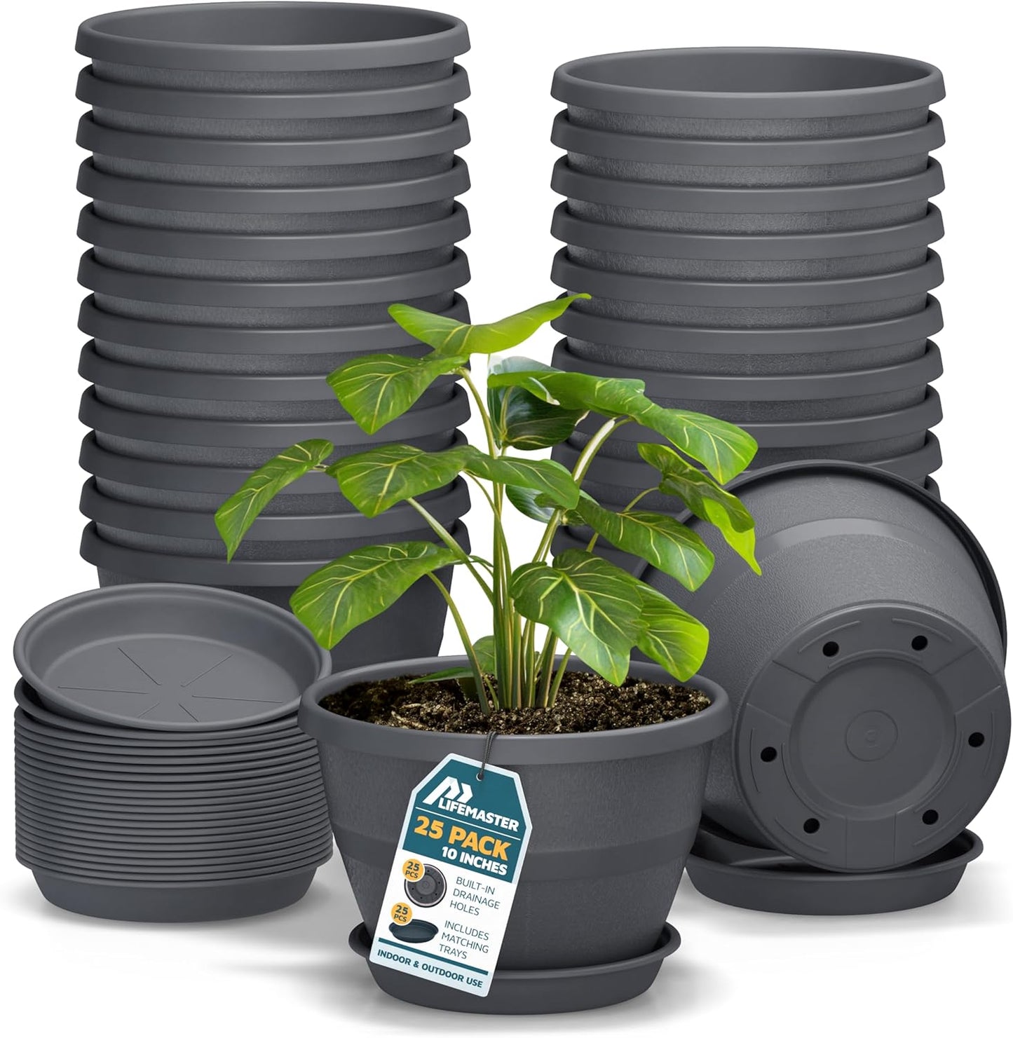 10-Inch Whiskey Barrel Planters Outdoor Pack of 25 - Durable Plastic Plant Pots for Indoor & Outdoor Use with Drainage & Saucer, Lightweight Rustic Barrel Planters for Flowers, Herbs & Small Plants
