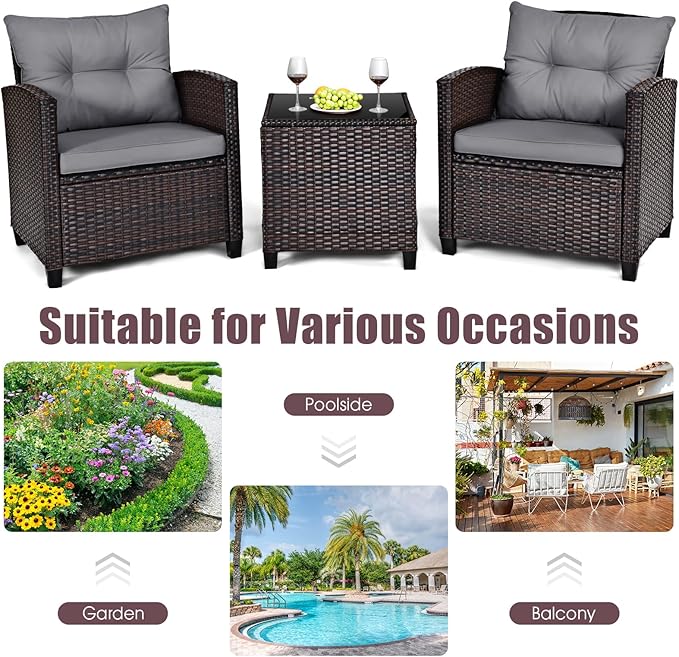 KOTEK 3 Piece Patio Furniture Set, Outdoor Conversation Set with Washable Cushions & Tempered Glass Tabletop, PE Rattan Wicker Bistro Set for Porch, Garden, Balcony (Grey)
