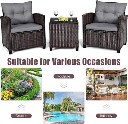 KOTEK 3 Piece Patio Furniture Set, Outdoor Conversation Set with Washable Cushions & Tempered Glass Tabletop, PE Rattan Wicker Bistro Set for Porch, Garden, Balcony (Grey)