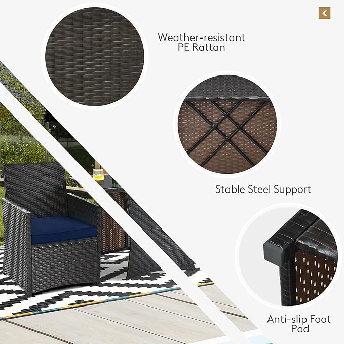 Tangkula 3 Pieces Patio Dining Set, Space-Saving PE Rattan Bistro Set with Tempered Glass Top Table and Cushioned Chairs, Outdoor Conversation Set for Garden Backyard Poolside Porch (Blue)