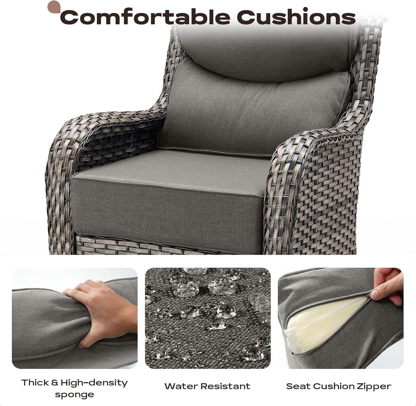 Wicker Outdoor Patio Furniture Set - 5 Piece Patio Conversation Sets with Swivel Rocker Chairs, Ottomans and Side Table, 6 inch Cushions, Waterproof Wicker, for Porch Deck Mixed Grey/Grey