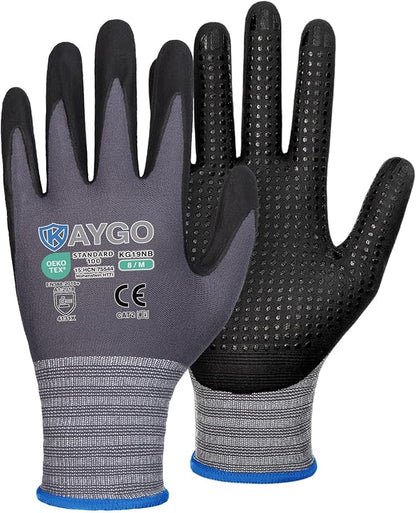 KAYGO MicroFoam Nitrile Coated Work Gloves, 3 Pairs KG19N Seamless Knit Nylon, Micro Dots for Enhanced Grip, Breathable and Durable, Ideal for Automotive, General Assembly, Painting, Gray, M