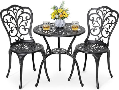 NUU GARDEN 3 Piece Bistro Set Outdoor, All Weather Cast Aluminum Patio Bistro Sets Patio Table and Chairs Set of 2 with Umbrella Hole for Yard, Balcony, Black, Butterfly Backrest