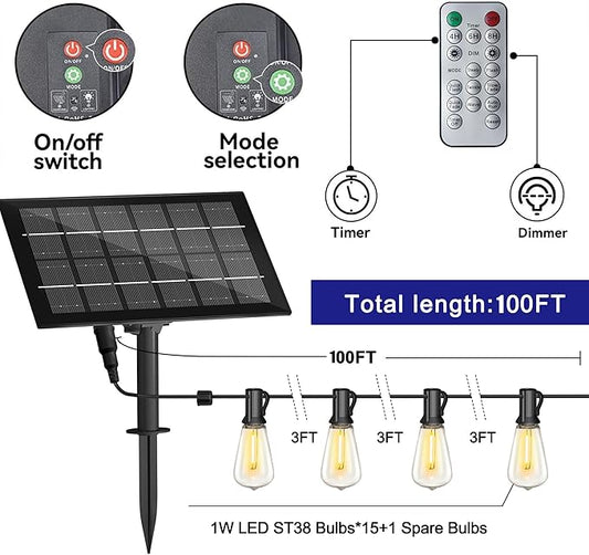 Stright Solar Powered String Light 100FT with Remote Control 8 Light Modes, Weatherproof Shatterproof ST38 LED Bulb 30 Sockets for Backyard Porch Cafe, Large Solar Panel