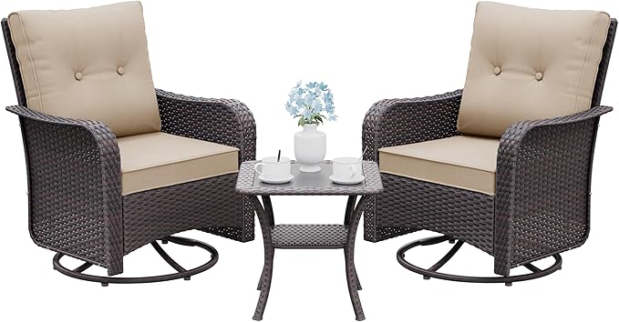 Gotland 3 Pieces Patio Set, Outdoor Swivel Chairs Set of 2 with 4'' Waterproof Cushions High Back Double-Layer Side Table, Wicker Rocking Patio Chairs Set of 2 for Balcony, Porch, Garden