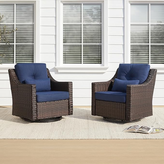 CHITA 2 Pieces Patio Wicker Chairs, 360° Rocking Swivels Outdoor Rattan Chair with Thickened Cushions for Backyard, Poolside, Garden or Porch