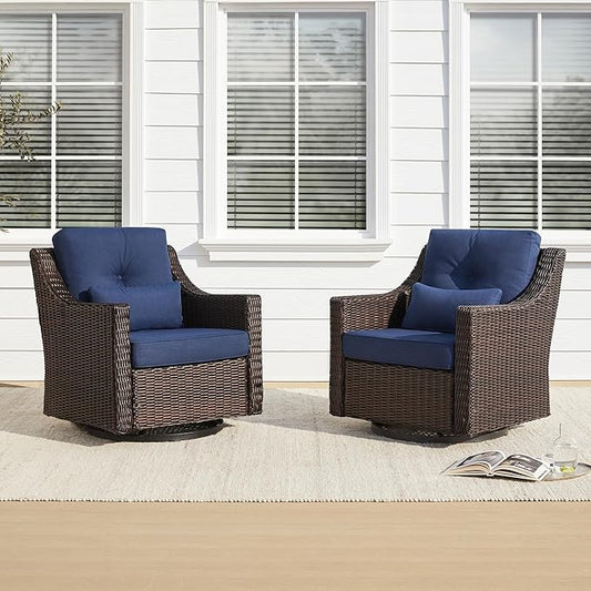 CHITA 2 Pieces Patio Wicker Chairs, 360° Rocking Swivels Outdoor Rattan Chair with Thickened Cushions for Backyard, Poolside, Garden or Porch