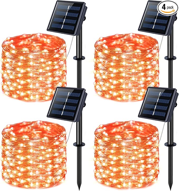 JMEXSUSS 4 Pack Solar Halloween Lights, Total 400 LED 132 FT Orange Solar Lights Outdoor Waterproof, 8 Modes Copper Wire Solar Fairy String Lights for Garden Yard Tree Halloween Decor