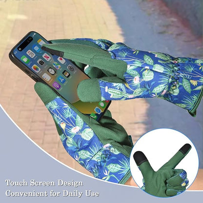 Gardening Gloves for Women and Men, Garden Gloves with Touch Screen, Thorn Proof Puncture Resistant Working Gloves, Gardening Gifts for Women,Blue-green flowers M