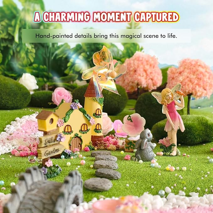 DONABELA Fairy Garden Kit Pink Mini Windmill House Decor Set Rabbit Flower Pot Supplies Signpost CD Player Resin Figurines Accessories Gift Indoor Outdoor Yard