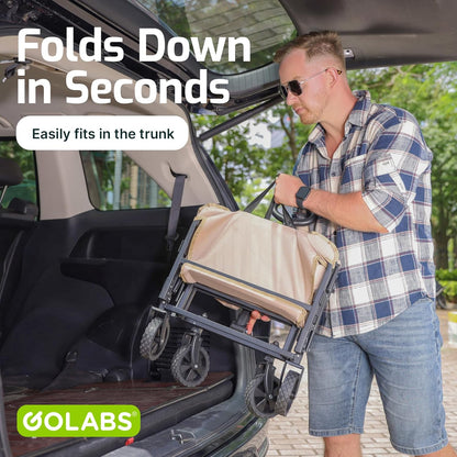 Golabs Collapsible Wagon Cart Max 350lb Load & Expandable Storage 100L, Double Bearing Design for Flexible Steering, Foldable Heavy Duty Garden Cart with 2 Cup Holders for Groceries, Garden & Camping