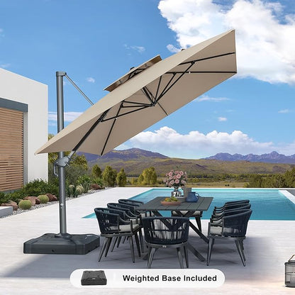 PURPLE LEAF 10' x 13' Cantilever Patio Umbrella Outdoor Umbrella with 330lbs Base Large Rectangular Windproof Offset Umbrella for Pool Deck Garden, Sand Dune