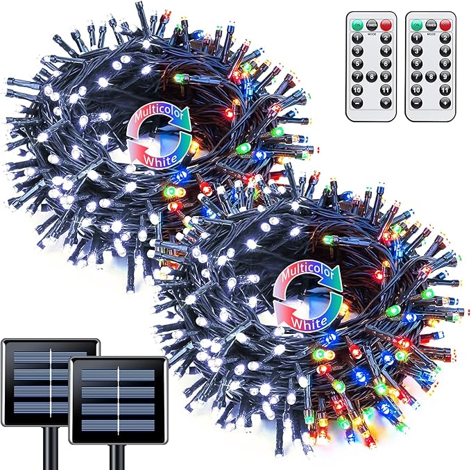 JMEXSUSS 2 Pack White & Multicolor Solar Christmas Lights Outdoor, Each 100 LED 33ft Solar Color Changing Lights Outdoor Waterproof for Christmas Tree Yard Decorations