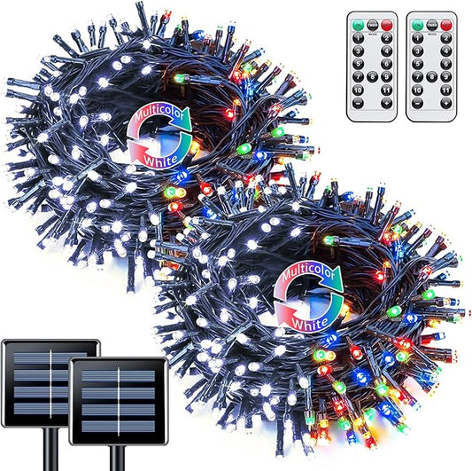 JMEXSUSS 2 Pack White & Multicolor Solar Christmas Lights Outdoor, Each 100 LED 33ft Solar Color Changing Lights Outdoor Waterproof for Christmas Tree Yard Decorations