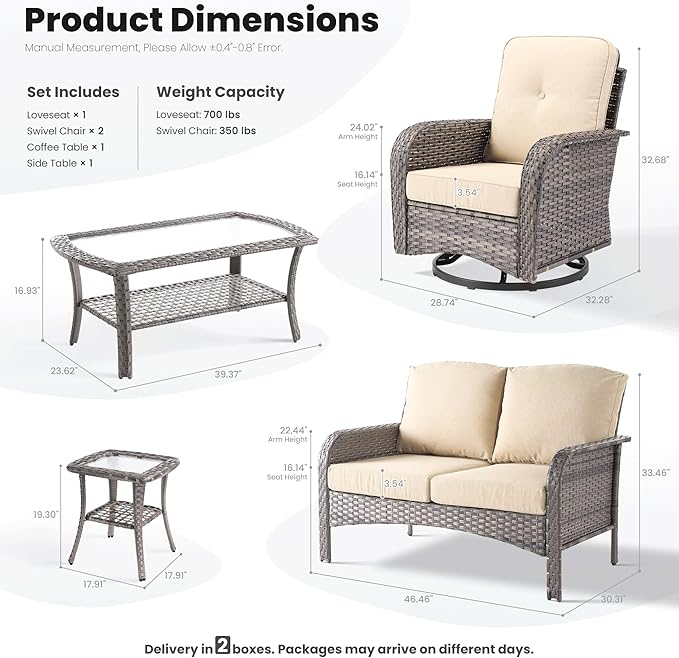 ovios 5 Pieces Patio Furniture Set, Outdoor Wicker Sofa with Swivel Chairs, Coffee Table, All Weather High Back Rattan Loveseat Couch with Comfy Cushions, Beige