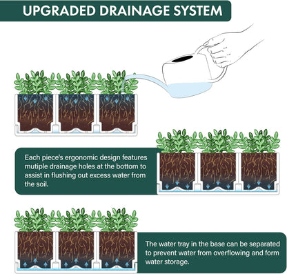D'vine Dev Herb Garden Planter Set, Plastic Plant Pots with Drainage and Saucer, Indoor Succulent Cactus Vegetable Pot for Windowsill, Garden Balcony, White, Set of 2, 76-V-A-2