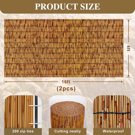 Reed Fencing Rolls,Patio Privacy Screen,Decorative Bamboo Fence Rolls for Patio Balcony Garden Backyard Outdoor,4x16FT(2Pcs)
