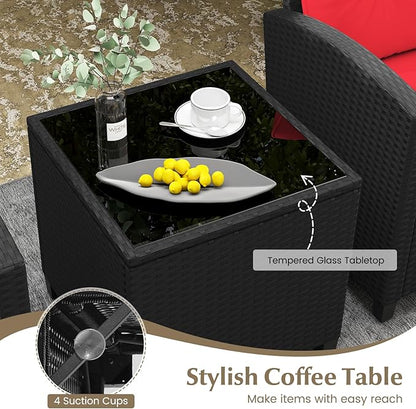 RELAX4LIFE 3-Piece Patio Furniture Set - Wicker Rattan Bistro Sofa Set w/Glass Top Coffee Table, Washable Cushions for Porch Balcony Backyard Poolside, Outdoor Furniture Conversation Set (Red)