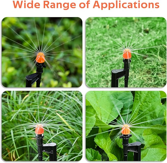 Drip Micro Sprinkler Heads with Stake: 360 Degree Sprinkler Nozzle with 1/4" Drip Irrigation Tubing - 10 Pack Drip Spray Emitters on 12 Inch Stake for Garden Water System