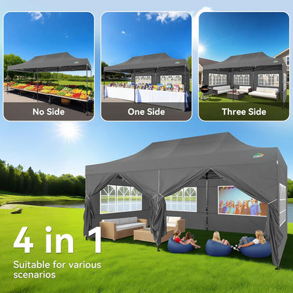 COBIZI 10x20 Pop up Canopy Tent Heavy Duty with 6 Sidewalls, Easy Set-up Commercial Outdoor Party Tent, 100% Waterproof Wedding Tent Gazebo, 3 Height Adjustable with Wheeled Bag,Gray