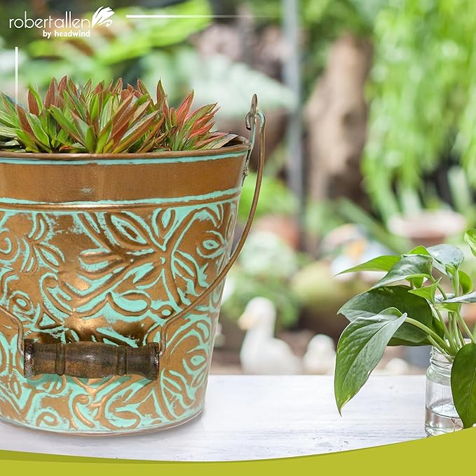Headwind Vintage Collection - Floral Vintage Copper Planter with Handles – 8 Inch Medium Flower Pots Decorative Plant Indoor – Plant Pots Indoor with Drainage by Robert Allen