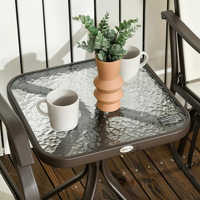 Outsunny 3 Piece Outdoor Glider Chair with Coffee Table Bistro Set, 2 Patio Rocking Swing Chairs with Breathable Sling Fabric, Glass Tabletop, for Backyard, Garden and Porch, Cream White