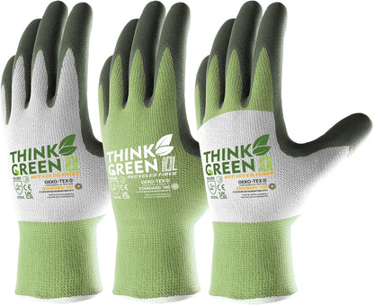 COOLJOB 3 Pairs Gardening Gloves for Women Men, 100% Recycled Polyester with Rubber Coated for Garden Patio Yard Lawn Work, Green, White & Grey, Large Size
