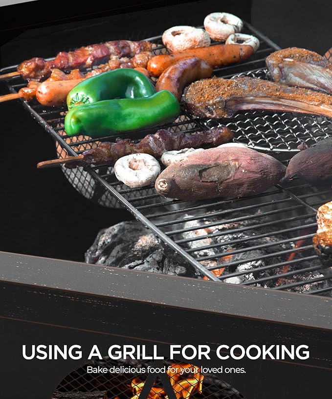 26 inch Fire Pit, Firepits for Outside Wood Burning Fire Pits with Cooking Grill, Outdoor Fire Pit Octagonal Heavy Duty Firepit with Poker for Bonfire, Backyard, Patio, Bronze